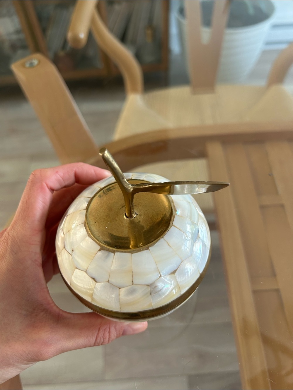 Decorative Mother of Pearl Apple Trinket Box with Brass Accents - Picture 3 of 16